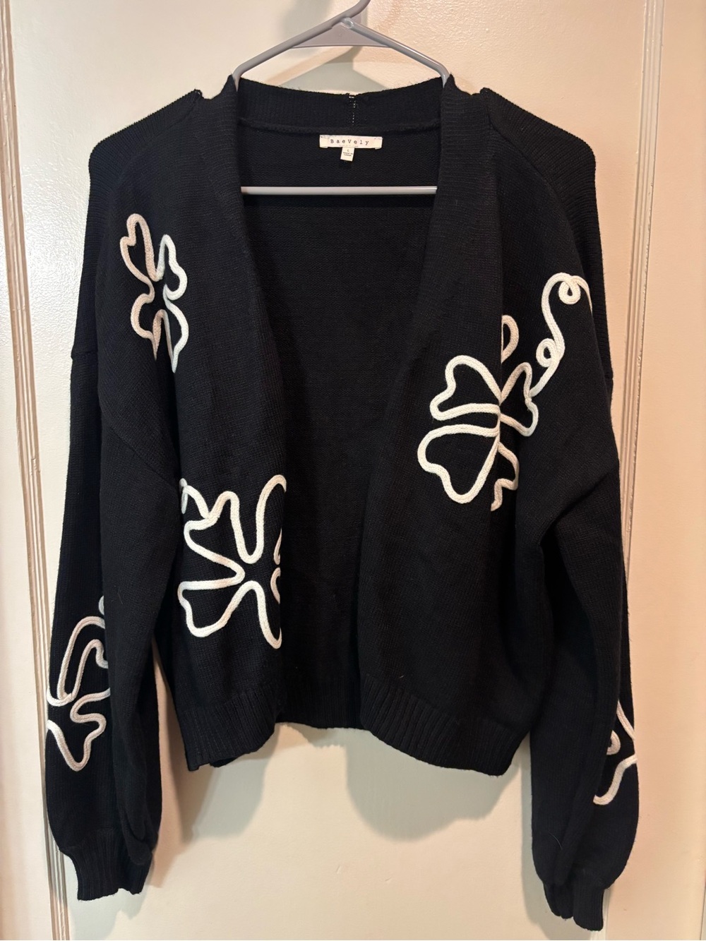 Black Floral-Embroidered Open Cardigan Sweater - Women's